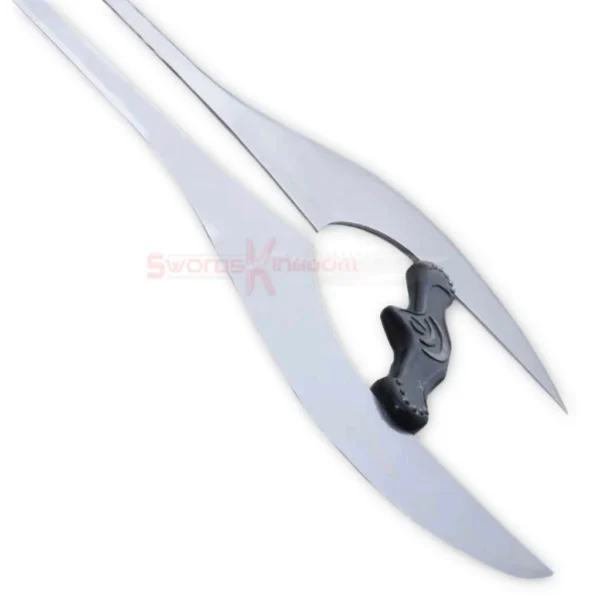 Close-up of the Halo Energy sword replica handle and curved metallic guard with a black textured grip.