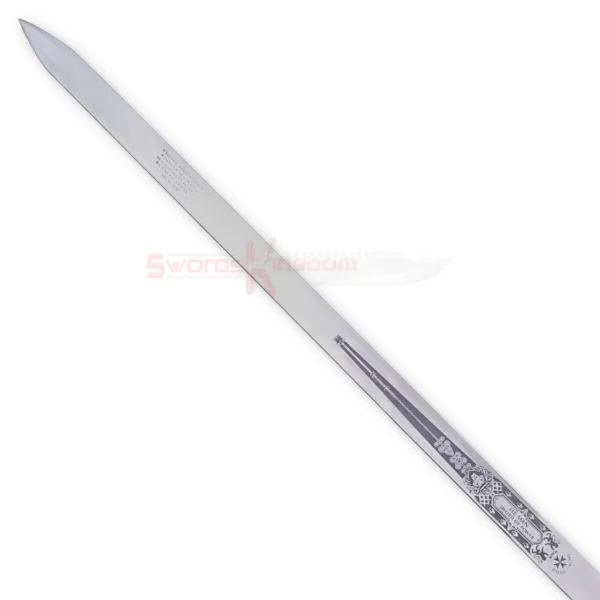 Long silver blade of the He-Man Power Sword Replica featuring decorative engraved details near the lower section.