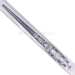 Close-up of the He-Man Power Sword Replica blade featuring detailed engraved artwork and decorative lettering.