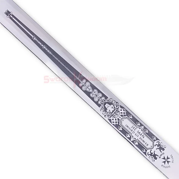 Close-up of the He-Man Power Sword Replica blade featuring detailed engraved artwork and decorative lettering.
