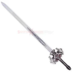 Complete He-Man Power Sword Replica displayed diagonally, showing its long blade and distinctive detailed hilt and handle.