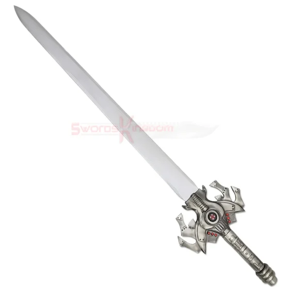 Full-length HE-MAN Power Sword Replica featuring a silver blade and ornate metallic hilt