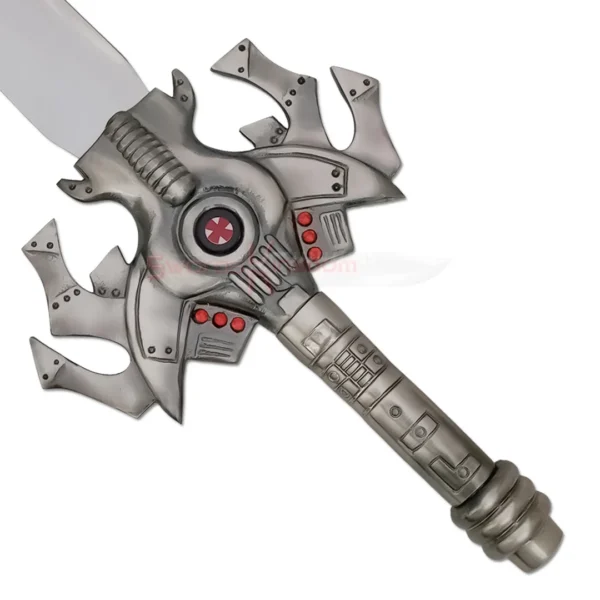 Close-up of the metallic handle and textured grip on the HE-MAN Power Sword Replica