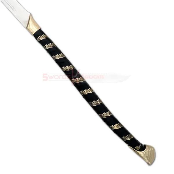 High Elven Warrior Sword handle with a black grip, gold leaf-pattern details and a decorative gold pommel.
