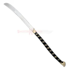 High Elven Warrior Sword from LOTR with a curved silver blade, black grip and gold decorative details.