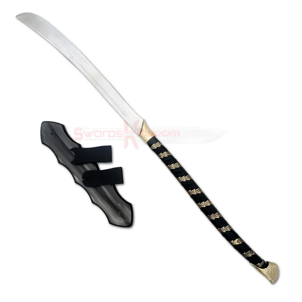 High Elven Warrior Sword from LOTR displayed with a black wooden wall mount and gold-accented handle.