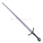 Full view of the Kingdom of Heaven Ibelin sword replica with a long silver blade, dark textured grip and decorative round pommel.