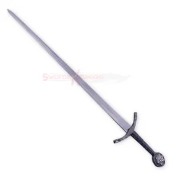Full view of the Kingdom of Heaven Ibelin sword replica with a long silver blade, dark textured grip and decorative round pommel.