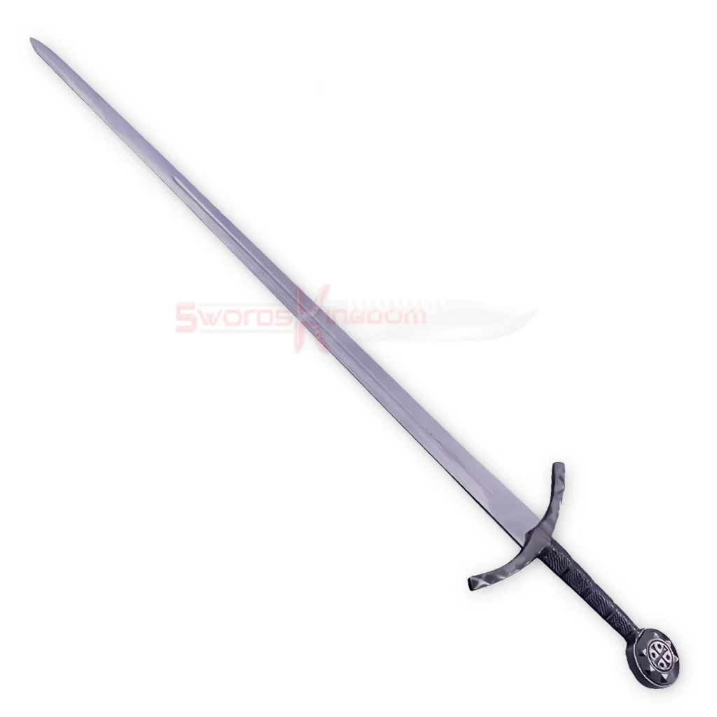 Full view of the Kingdom of Heaven Ibelin sword replica with a long silver blade, dark textured grip and decorative round pommel.