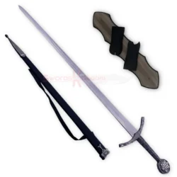 Kingdom of Heaven Ibelin sword replica displayed with its black sheath and matching wooden display support.