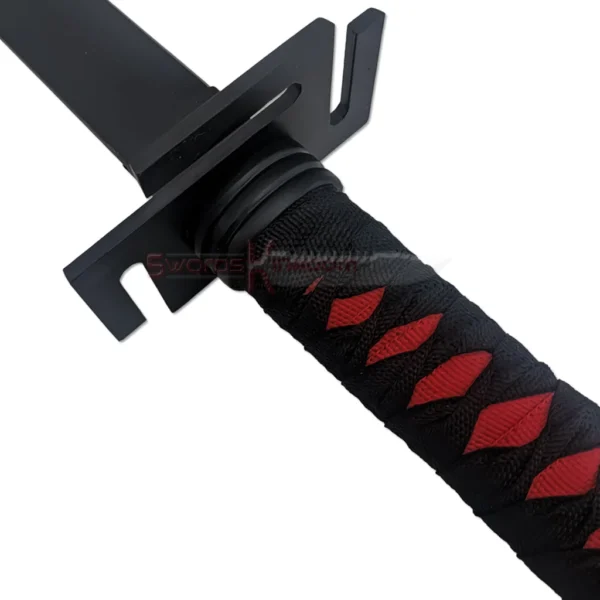 Close-up of Ichigo Bankai Zangetsu katana handle with black wrapping and red details