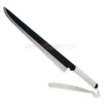 Full view of the Ichigo Zangetsu replica sword from Bleach with a long black blade, white edge, wrapped handle and attached white strap.