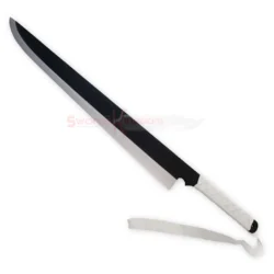 Full view of the Ichigo Zangetsu replica sword from Bleach with a long black blade, white edge, wrapped handle and attached white strap.