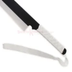 Close-up of the Ichigo Zangetsu replica sword showing its black blade, white-wrapped handle and matching white strap.