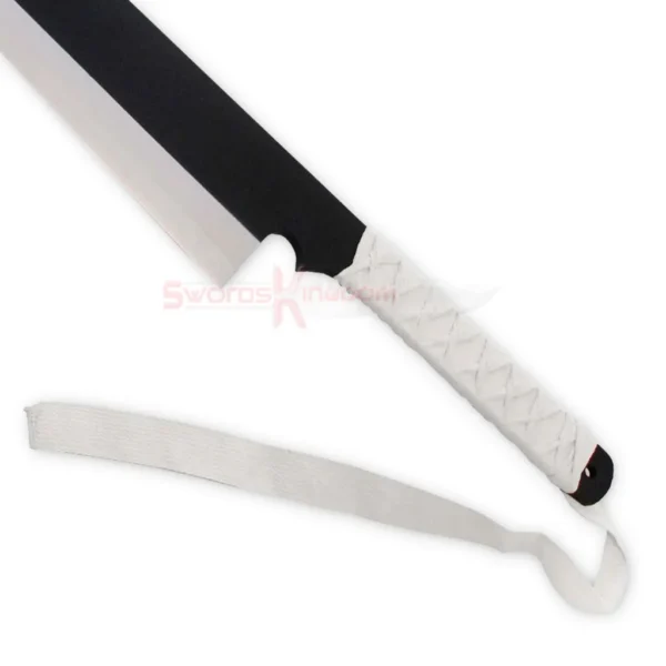 Close-up of the Ichigo Zangetsu replica sword showing its black blade, white-wrapped handle and matching white strap.