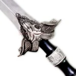 Close-up of the ornate silver handle and black grip on Jason Greek sword replica