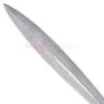 Close-up of the ornate silver handle and black grip on Jason Greek sword replica