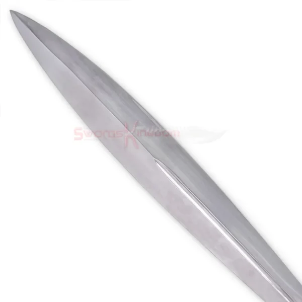 Close-up of the ornate silver handle and black grip on Jason Greek sword replica