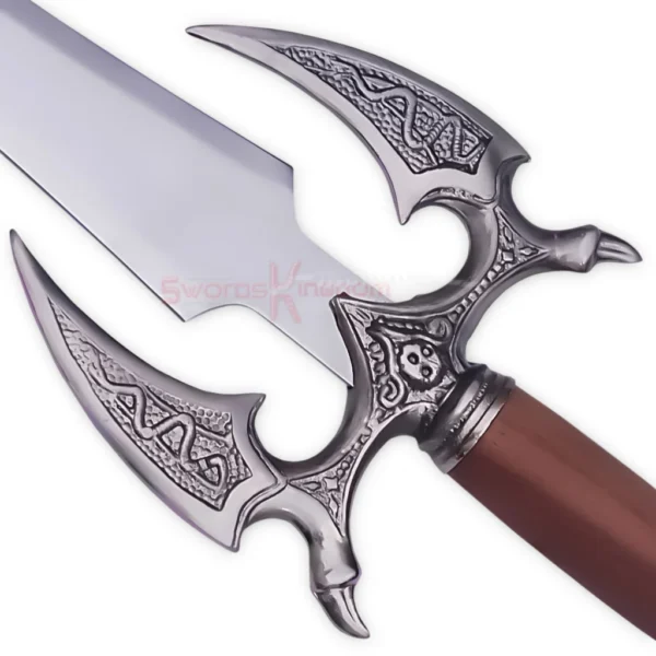 Kilgorin Sword of Darkness with brown grip and ornate silver guard close-up