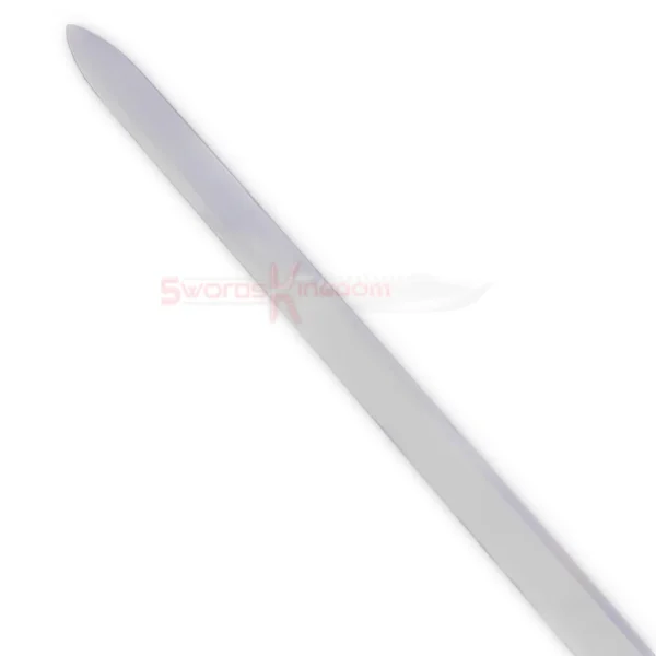 Close-up view of the antique-style Excalibur sword blade with a smooth silver finish and decorative engraved design.
