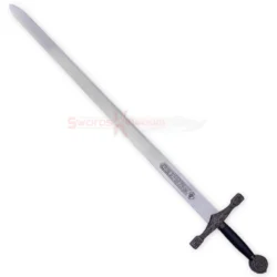 Full view of the King Arthur Excalibur sword with an antique-style ornate hilt, silver blade, dark handle, and decorative pommel.