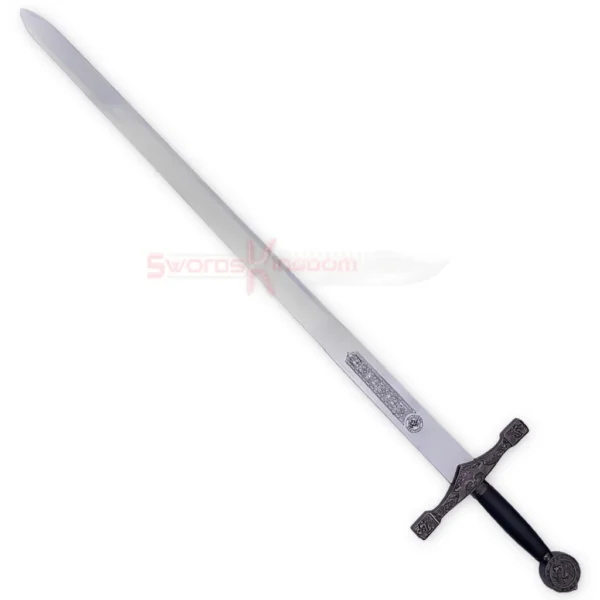Full view of the King Arthur Excalibur sword with an antique-style ornate hilt, silver blade, dark handle, and decorative pommel.
