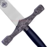 Complete King Arthur Excalibur sword featuring a long silver blade, engraved detailing, ornate crossguard, and dark antique-style handle.