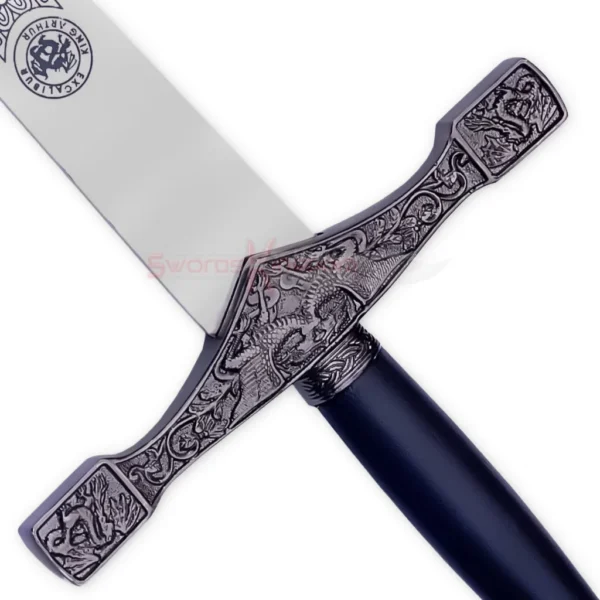Complete King Arthur Excalibur sword featuring a long silver blade, engraved detailing, ornate crossguard, and dark antique-style handle.