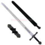 King Arthur Excalibur sword shown with its matching black scabbard and decorative display accessories.