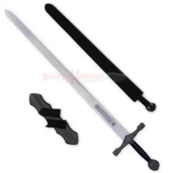 King Arthur Excalibur sword shown with its matching black scabbard and decorative display accessories.