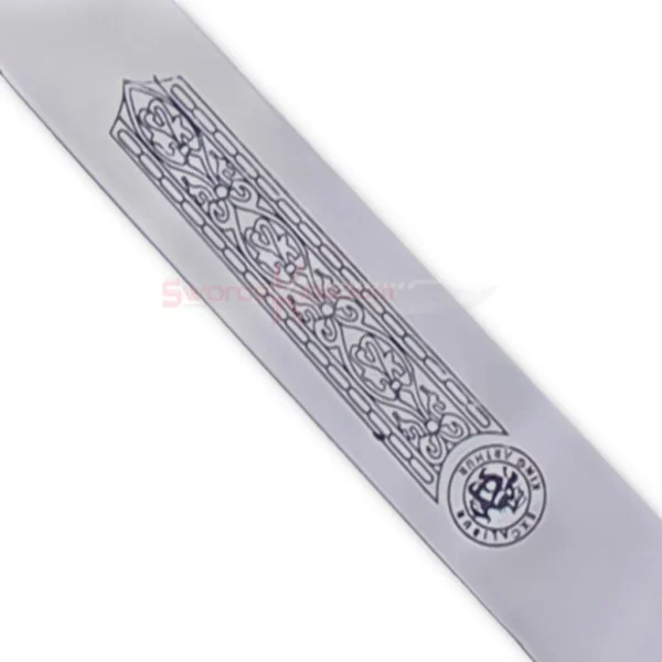Detailed view of the Excalibur sword hilt featuring an ornate antique-style crossguard with dragon-inspired designs and a dark handle.