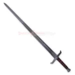 Full view of the King Arthur Excalibur sword replica featuring a long textured silver blade, dark red wrapped handle and detailed crossguard.