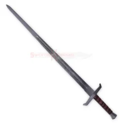 Full view of the King Arthur Excalibur sword replica featuring a long textured silver blade, dark red wrapped handle and detailed crossguard.