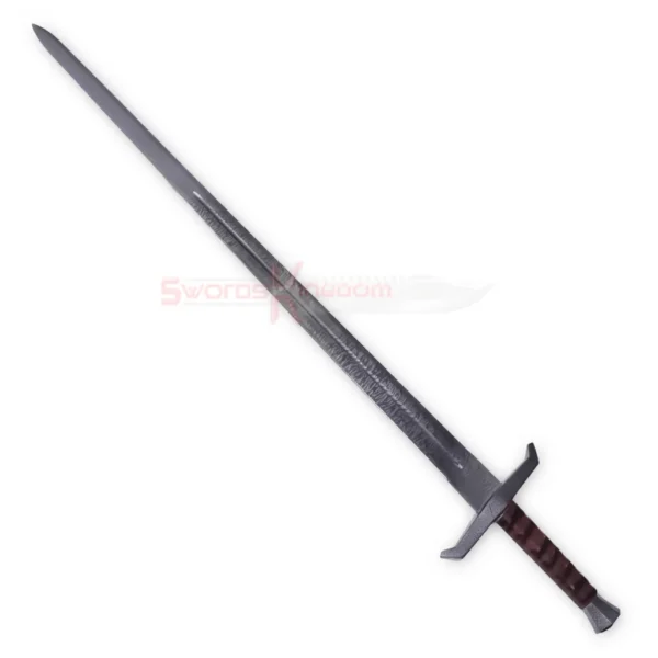 Full view of the King Arthur Excalibur sword replica featuring a long textured silver blade, dark red wrapped handle and detailed crossguard.