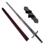 King Arthur Excalibur sword replica displayed with its dark red sheath and matching detailed sword design.