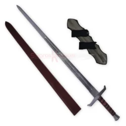 King Arthur Excalibur sword replica displayed with its dark red sheath and matching detailed sword design.