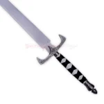 Detailed view of the Sword of Truth Replica V4 hilt featuring an engraved silver crossguard and black handle accented with silver diamond-shaped wraps.