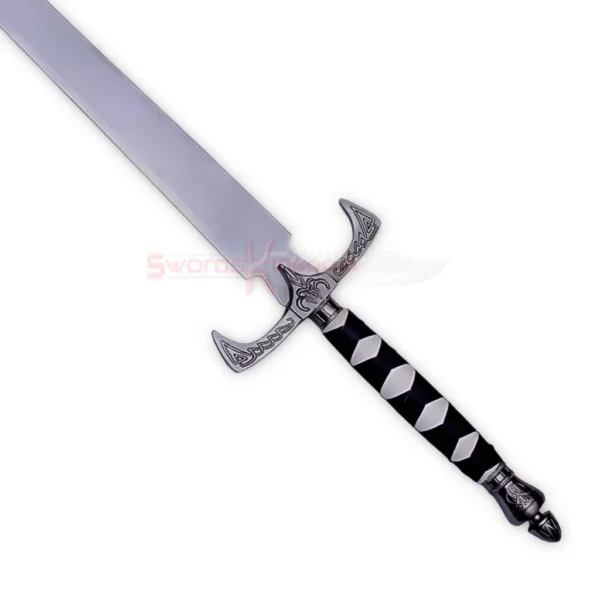 Detailed view of the Sword of Truth Replica V4 hilt featuring an engraved silver crossguard and black handle accented with silver diamond-shaped wraps.