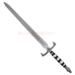 Full view of the Legend of the Seeker Sword of Truth Replica V3 with a long silver blade, ornate silver guard and black-and-white wrapped handle.