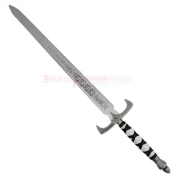 Full view of the Legend of the Seeker Sword of Truth Replica V3 with a long silver blade, ornate silver guard and black-and-white wrapped handle.