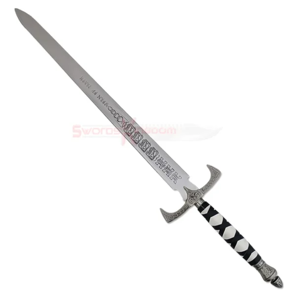 Full view of the Legend of the Seeker Sword of Truth Replica V3 with a long silver blade, ornate silver guard and black-and-white wrapped handle.