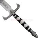 Detailed view of the black-and-white wrapped handle, decorative pommel and engraved guard of the Sword of Truth Replica V3.