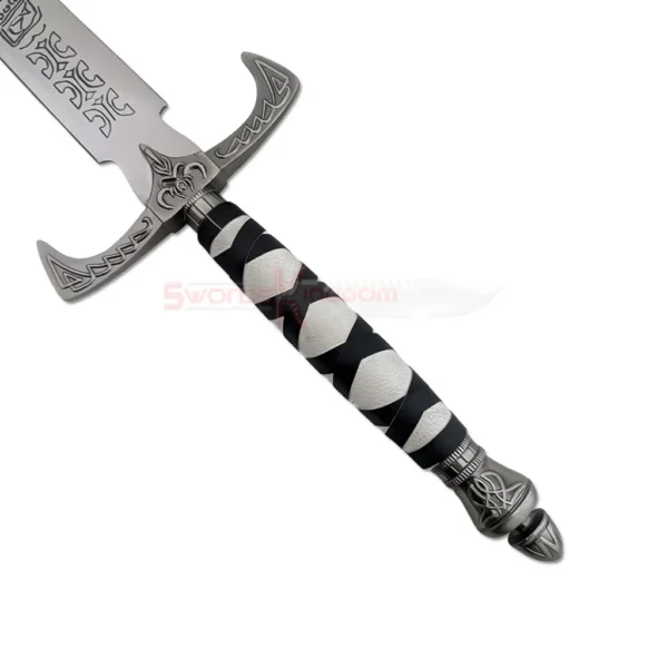 Detailed view of the black-and-white wrapped handle, decorative pommel and engraved guard of the Sword of Truth Replica V3.