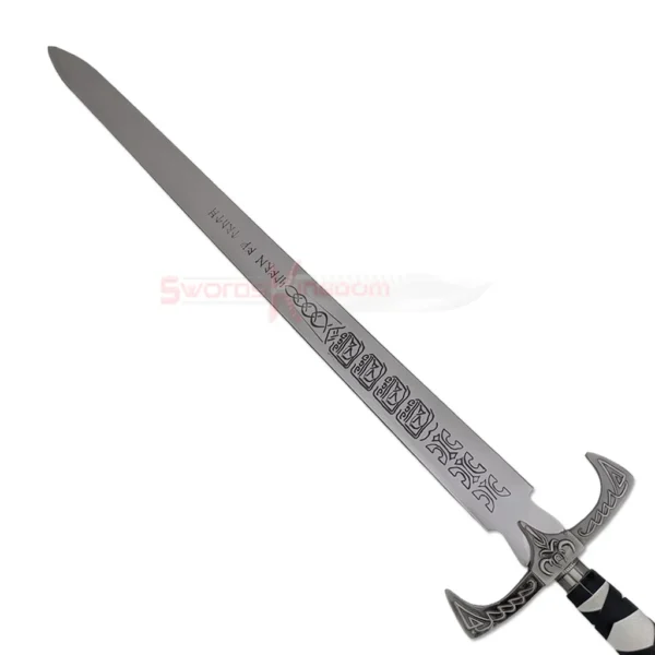 Side view of the Legend of the Seeker Sword of Truth Replica V3 showing the engraved silver blade and decorative crossguard.