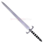 Full view of the Legend of the Seeker Sword of Truth Replica V4 featuring a long silver blade, ornate silver crossguard, black and silver wrapped handle, and decorative pommel.