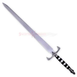 Full view of the Legend of the Seeker Sword of Truth Replica V4 featuring a long silver blade, ornate silver crossguard, black and silver wrapped handle, and decorative pommel.