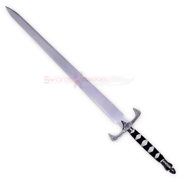 Full view of the Legend of the Seeker Sword of Truth Replica V4 featuring a long silver blade, ornate silver crossguard, black and silver wrapped handle, and decorative pommel.