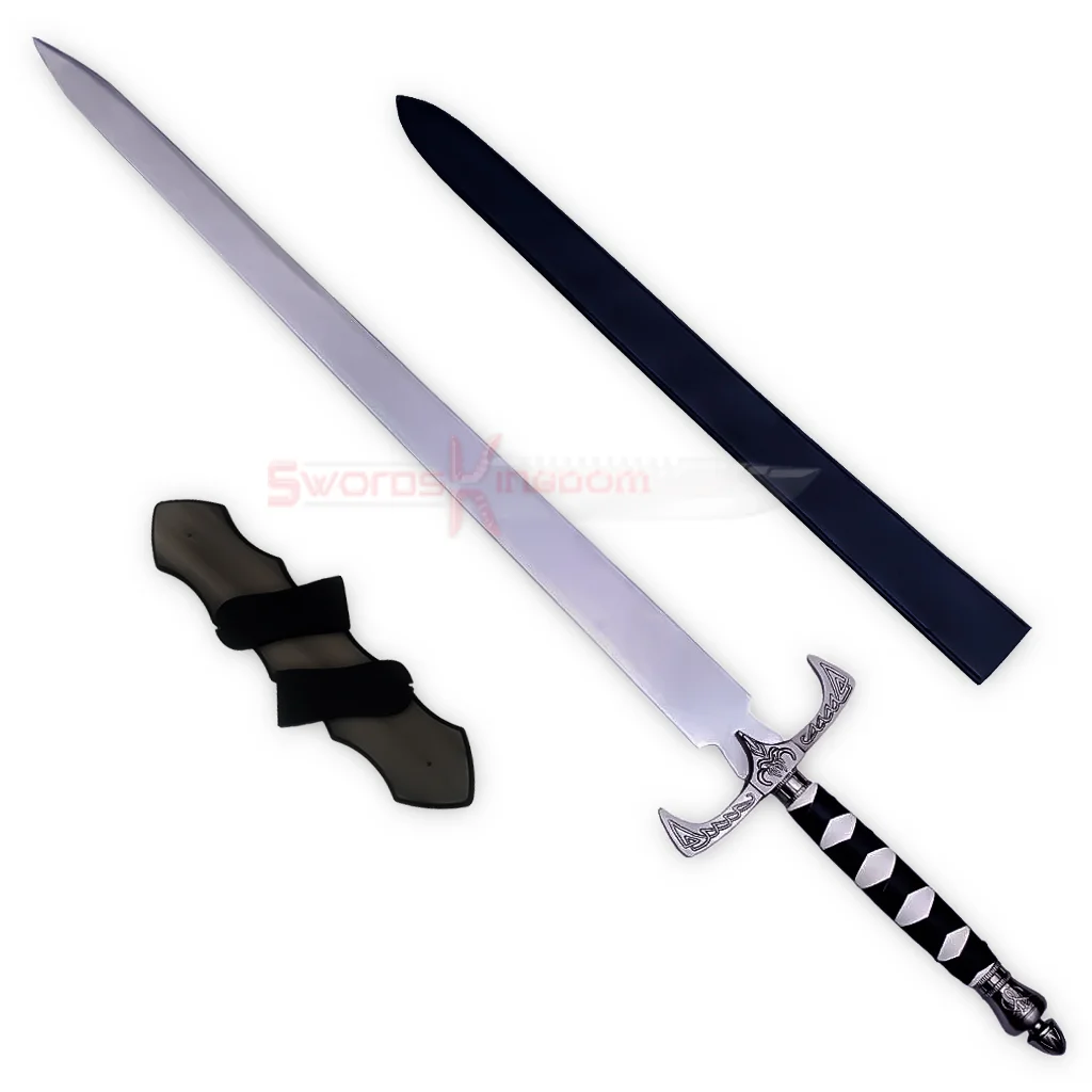 Legend of the Seeker Sword of Truth Replica V4 displayed with its matching black sheath, silver blade, ornate crossguard, and black-and-silver handle.