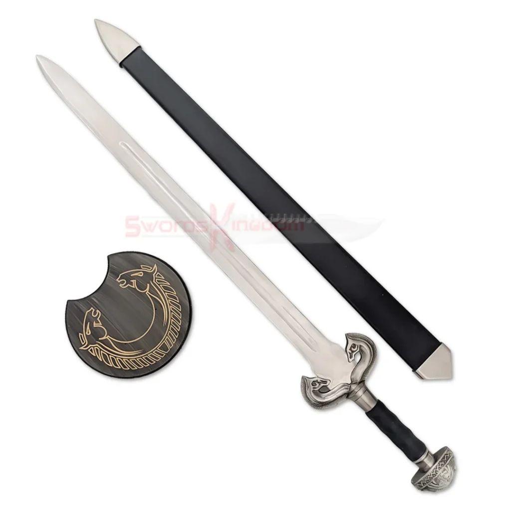 Lord of the Rings Éowyn sword replica with silver blade, horse-shaped guard and black grip.