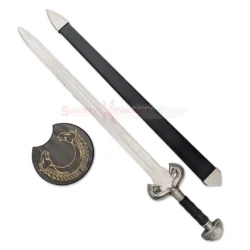 Lord of the Rings Éowyn sword replica with silver blade, horse-shaped guard and black grip.